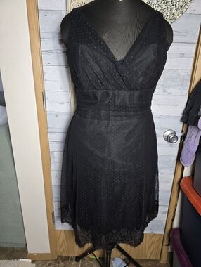 Vtg 90's Gothic Romantic Black Lace Micro Polkadot Chiffon A Line Midi dress